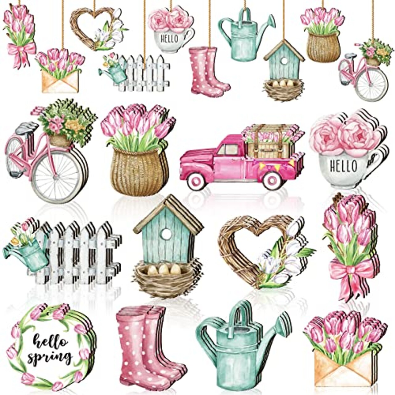 36 Pcs Spring Flower Wooden Ornaments Sunflower Tulip Lavender Tree Decoration Floral Gnome Hanging Wood Cutout Pastel Spring Decor for Home Small Tree Party(Sweet Spring)